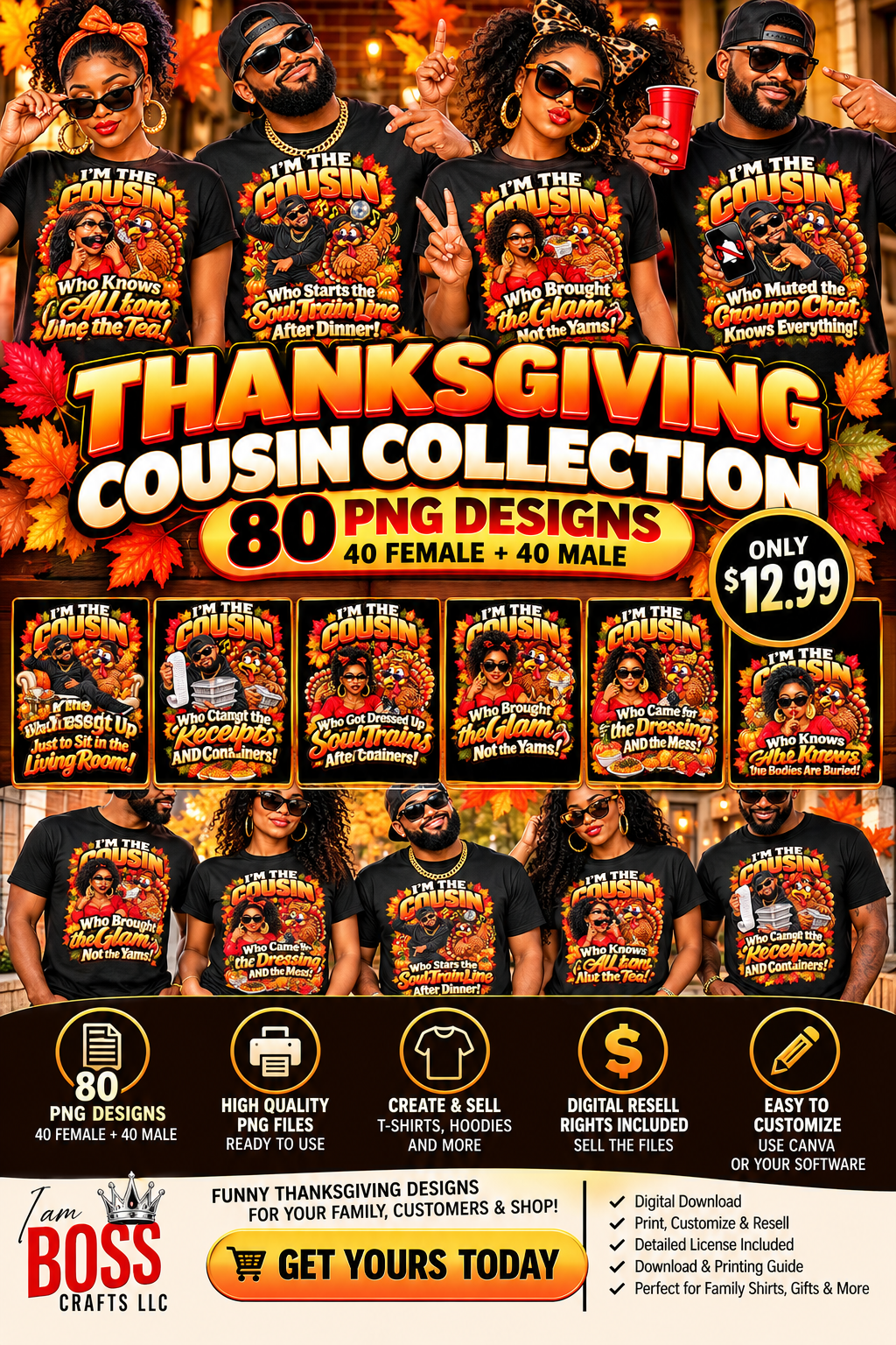 80 Thanksgiving Cousin PNG Designs | Male & Female Bundle + Digital Re ...